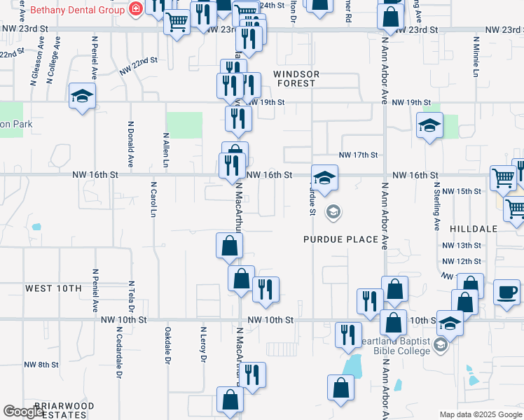 map of restaurants, bars, coffee shops, grocery stores, and more near 5738 Northwest 16th Street in Oklahoma City