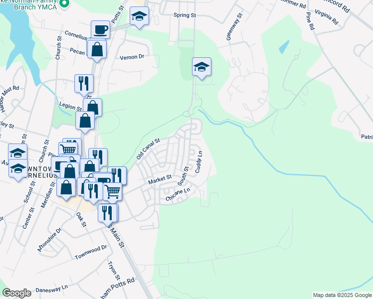 map of restaurants, bars, coffee shops, grocery stores, and more near 1147 Brighton Lane in Cornelius