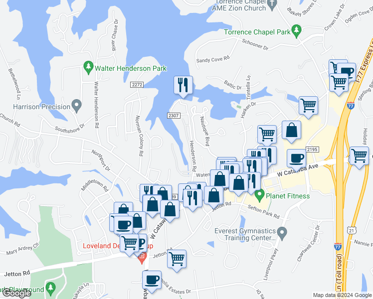 map of restaurants, bars, coffee shops, grocery stores, and more near 19905 State Road 2307 in Cornelius