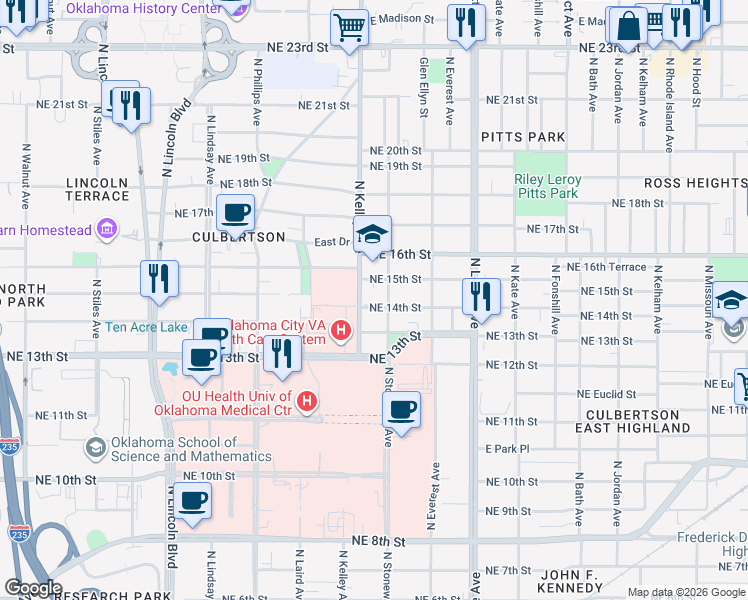 map of restaurants, bars, coffee shops, grocery stores, and more near 1011 Northeast 14th Street in Oklahoma City