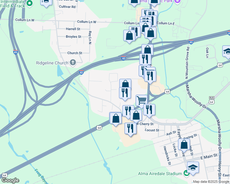 map of restaurants, bars, coffee shops, grocery stores, and more near 126 Meadors Drive in Alma