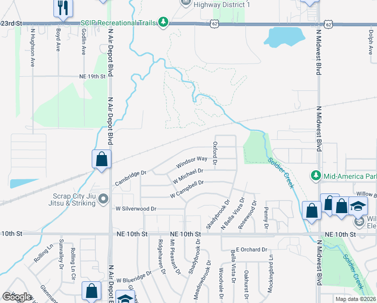 map of restaurants, bars, coffee shops, grocery stores, and more near 238 Cambridge Drive in Midwest City