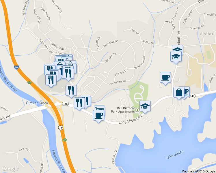 map of restaurants, bars, coffee shops, grocery stores, and more near 1056 Columbine Road in Asheville