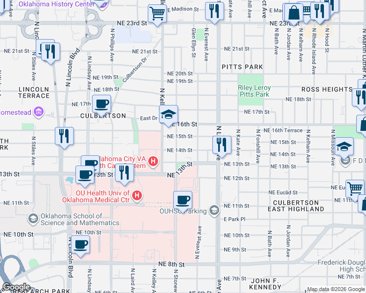 map of restaurants, bars, coffee shops, grocery stores, and more near 1106 Northeast 14th Street in Oklahoma City