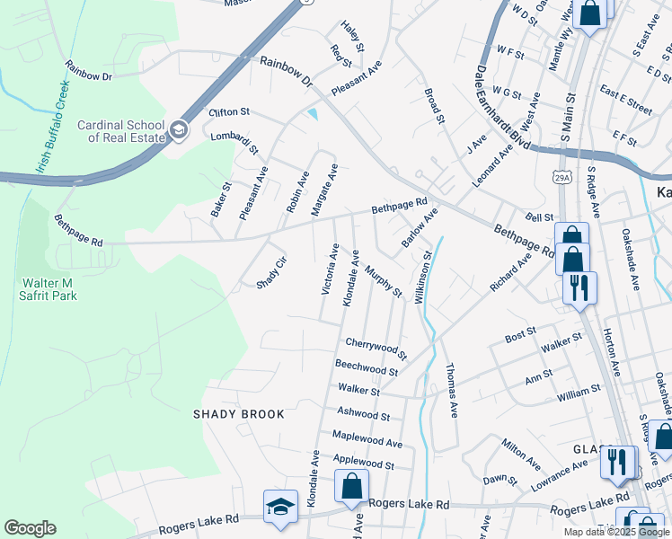 map of restaurants, bars, coffee shops, grocery stores, and more near 907 Victoria Avenue in Kannapolis