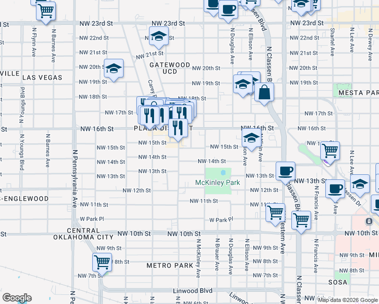 map of restaurants, bars, coffee shops, grocery stores, and more near 1617 Northwest 14th Street in Oklahoma City
