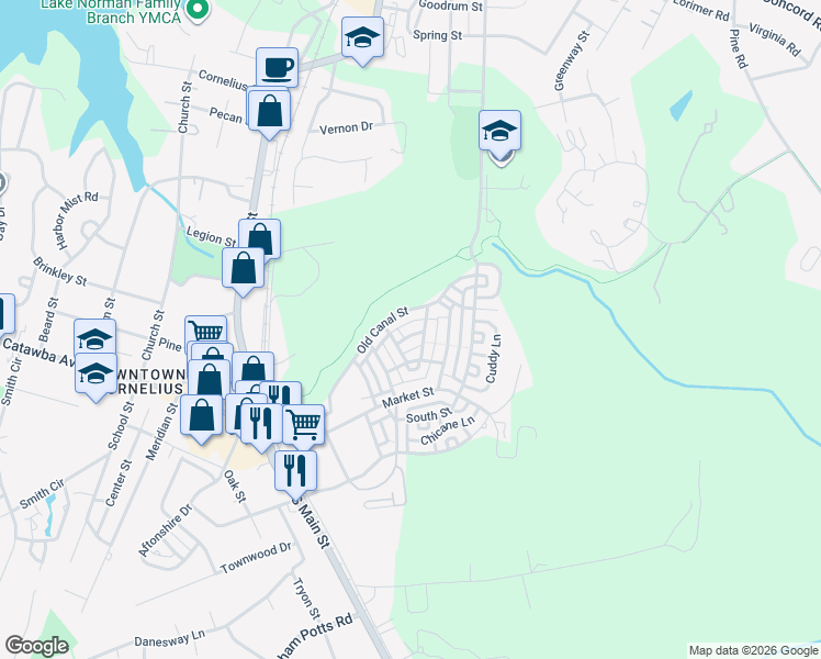 map of restaurants, bars, coffee shops, grocery stores, and more near 1051 Writers Way in Cornelius
