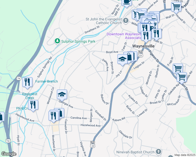 map of restaurants, bars, coffee shops, grocery stores, and more near 275 Balsam Drive in Waynesville