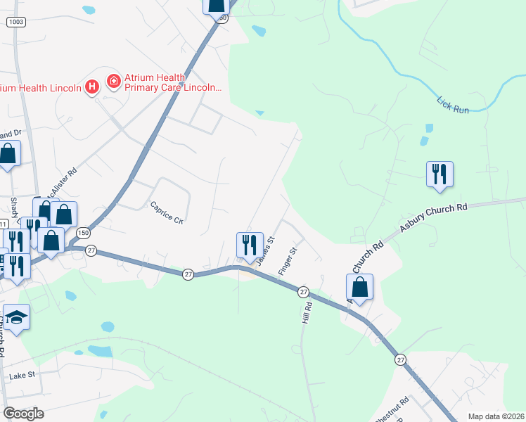map of restaurants, bars, coffee shops, grocery stores, and more near 199 James Street in Lincolnton