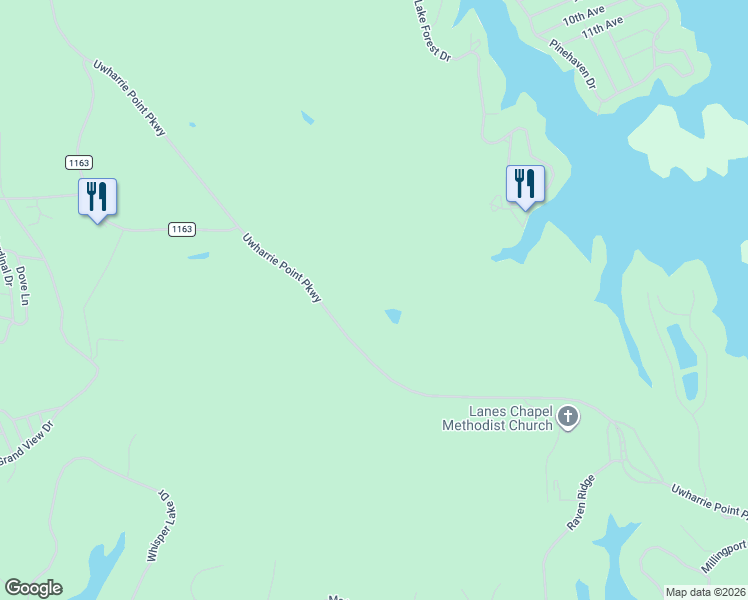 map of restaurants, bars, coffee shops, grocery stores, and more near 729 Uwharrie Point Parkway in New London
