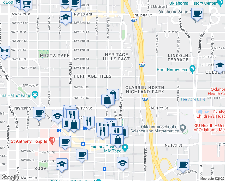 map of restaurants, bars, coffee shops, grocery stores, and more near 111 Northwest 14th Street in Oklahoma City