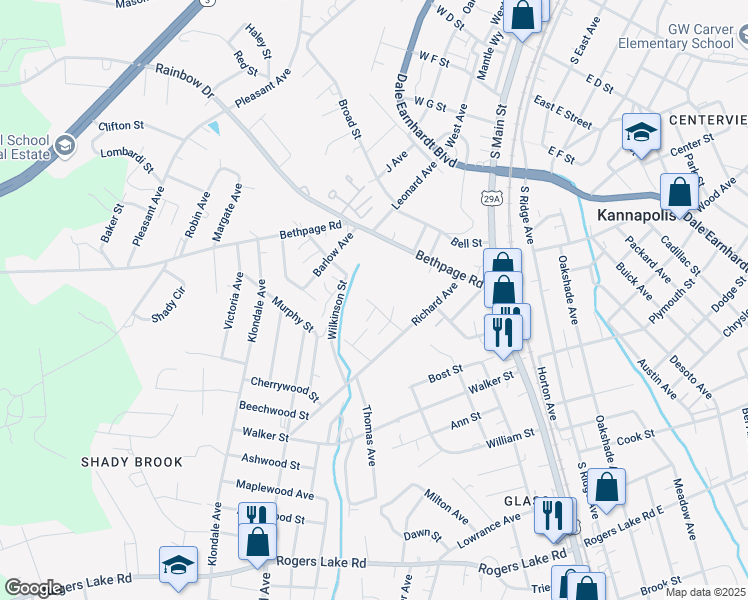 map of restaurants, bars, coffee shops, grocery stores, and more near 450 Cabarrus Arms Drive in Kannapolis