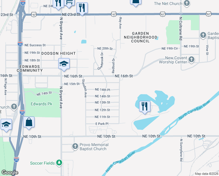 map of restaurants, bars, coffee shops, grocery stores, and more near 3312 Northeast 14th Place in Oklahoma City