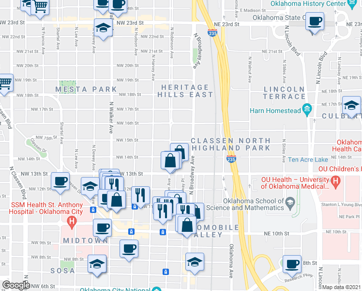 map of restaurants, bars, coffee shops, grocery stores, and more near 111 Northwest 14th Street in Oklahoma City