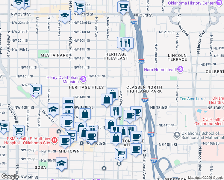 map of restaurants, bars, coffee shops, grocery stores, and more near 111 Northwest 14th Street in Oklahoma City