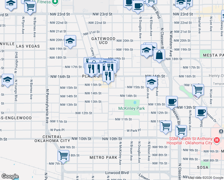 map of restaurants, bars, coffee shops, grocery stores, and more near 1419 North Blackwelder Avenue in Oklahoma City