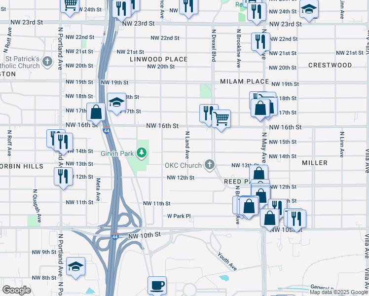 map of restaurants, bars, coffee shops, grocery stores, and more near 3140 Northwest 14th Street in Oklahoma City