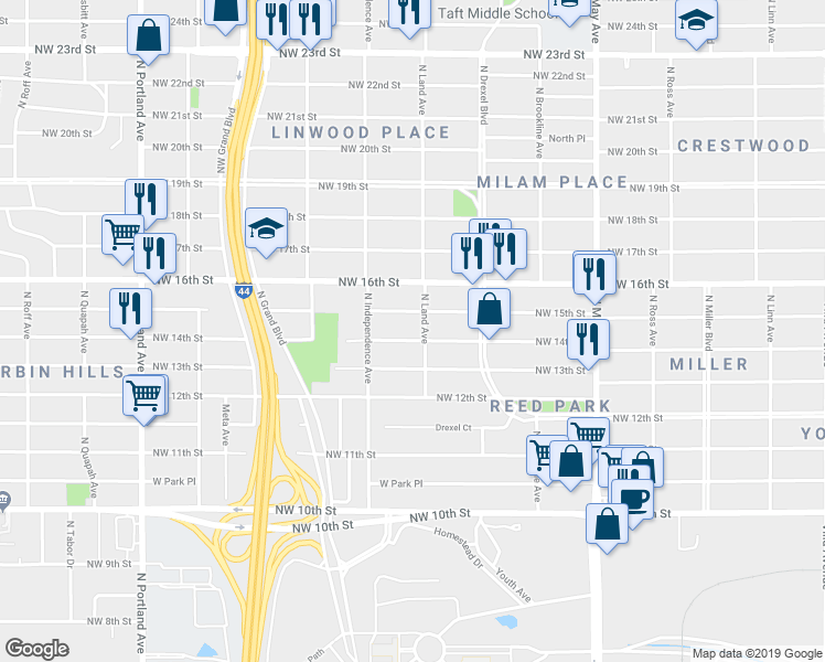 map of restaurants, bars, coffee shops, grocery stores, and more near 3224 Northwest 14th Street in Oklahoma City