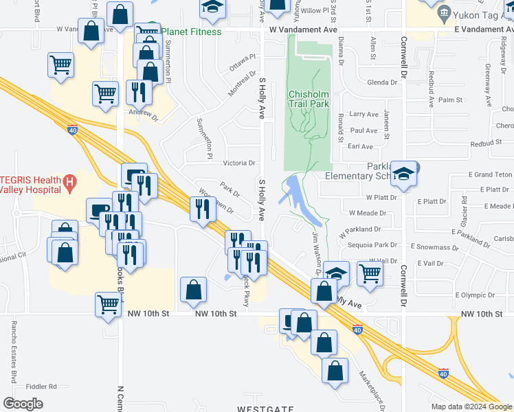 map of restaurants, bars, coffee shops, grocery stores, and more near 601 Woodlawn Drive in Yukon