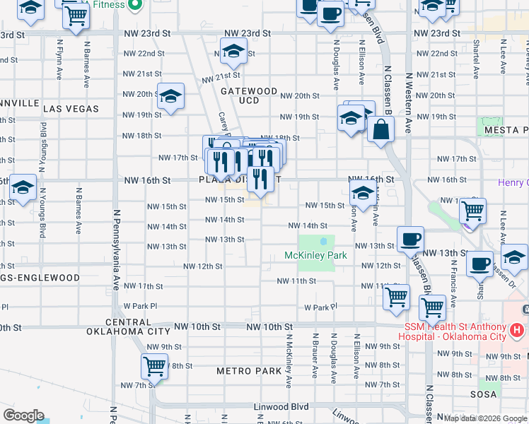 map of restaurants, bars, coffee shops, grocery stores, and more near 1419 North Blackwelder Avenue in Oklahoma City