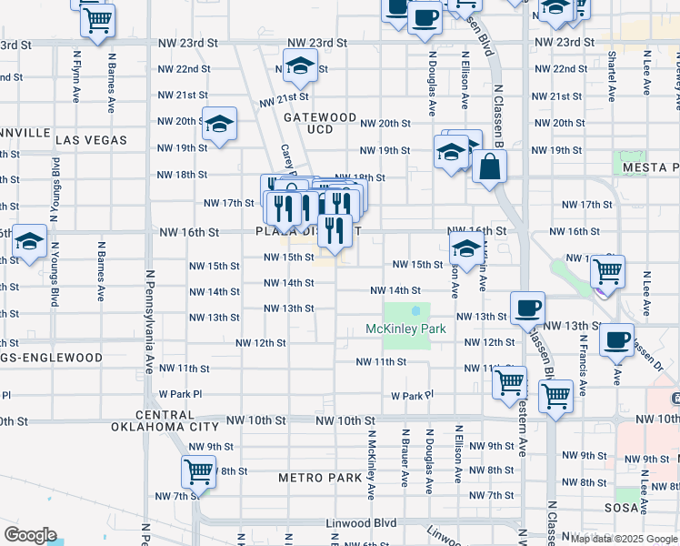 map of restaurants, bars, coffee shops, grocery stores, and more near 1419 North Blackwelder Avenue in Oklahoma City
