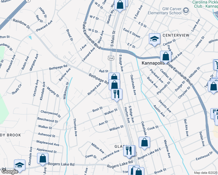 map of restaurants, bars, coffee shops, grocery stores, and more near 806 South Main Street in Kannapolis