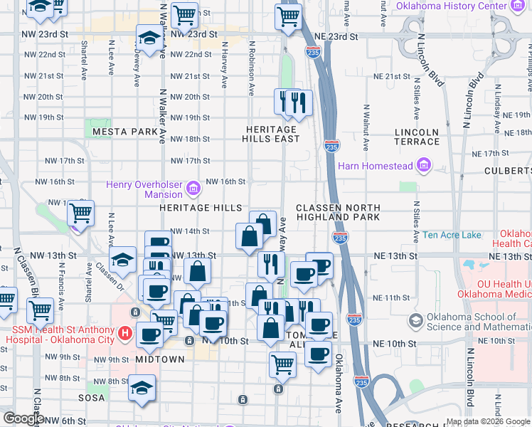 map of restaurants, bars, coffee shops, grocery stores, and more near 116 Northwest 15th Street in Oklahoma City