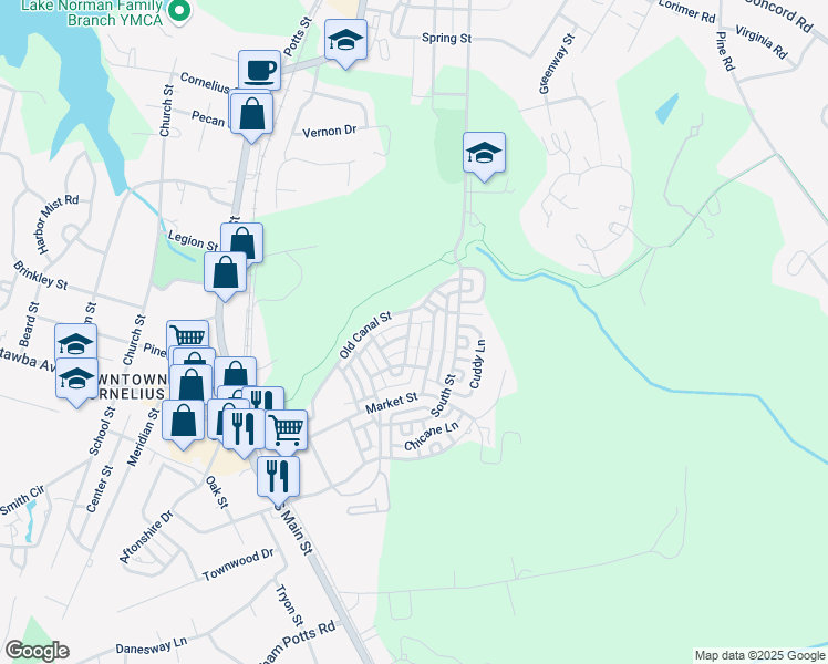 map of restaurants, bars, coffee shops, grocery stores, and more near 1027 Writers Way in Cornelius