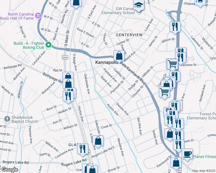 map of restaurants, bars, coffee shops, grocery stores, and more near 902 Buick Avenue in Kannapolis