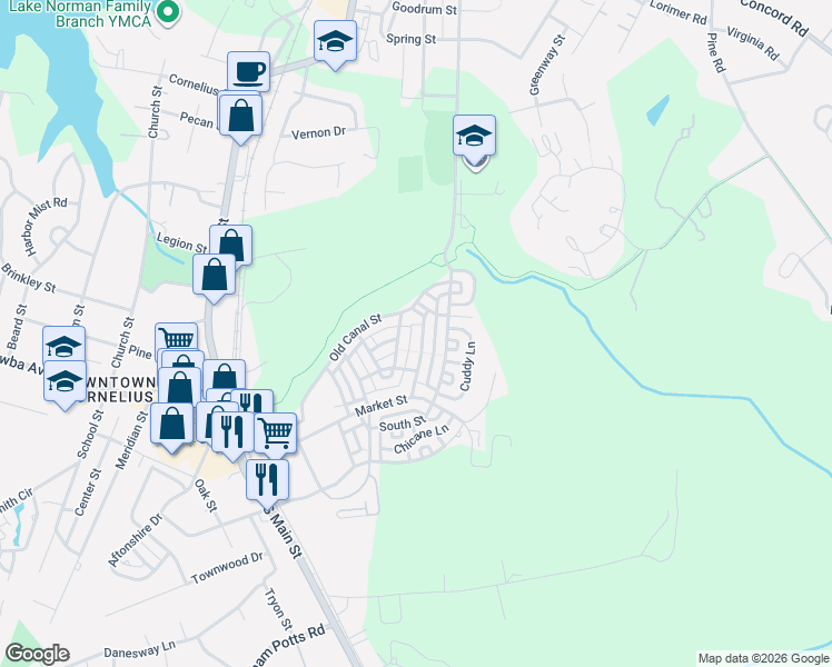 map of restaurants, bars, coffee shops, grocery stores, and more near 1051 Writers Way in Cornelius