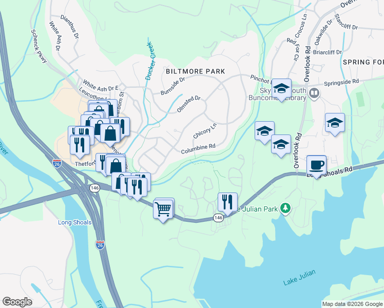 map of restaurants, bars, coffee shops, grocery stores, and more near 1056 Columbine Road in Asheville