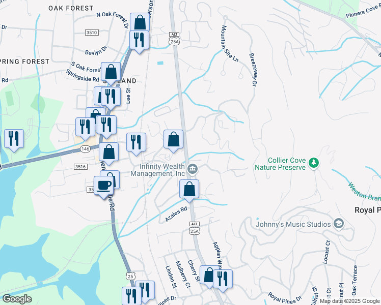 map of restaurants, bars, coffee shops, grocery stores, and more near 3336 Sweeten Creek Road in Arden