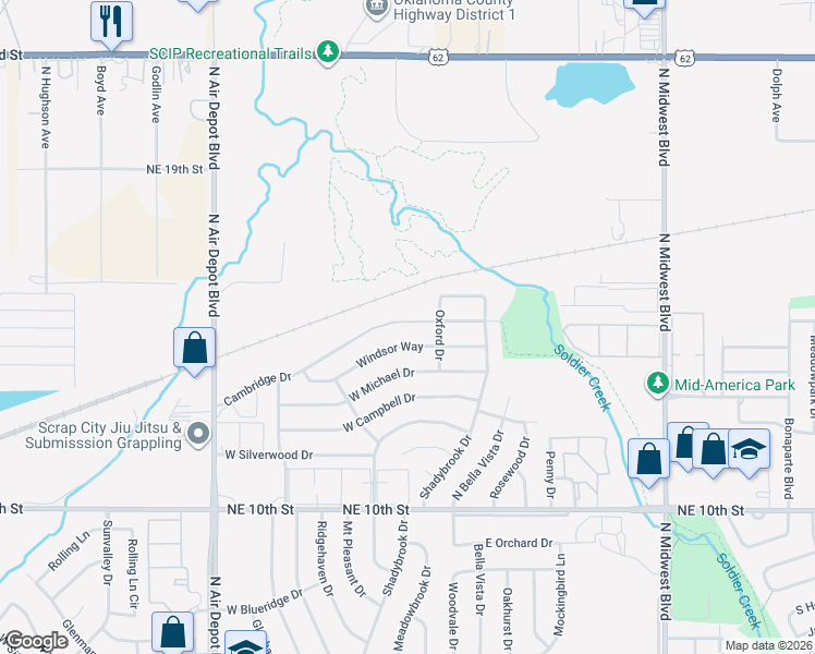 map of restaurants, bars, coffee shops, grocery stores, and more near 207 Windsor Way in Midwest City