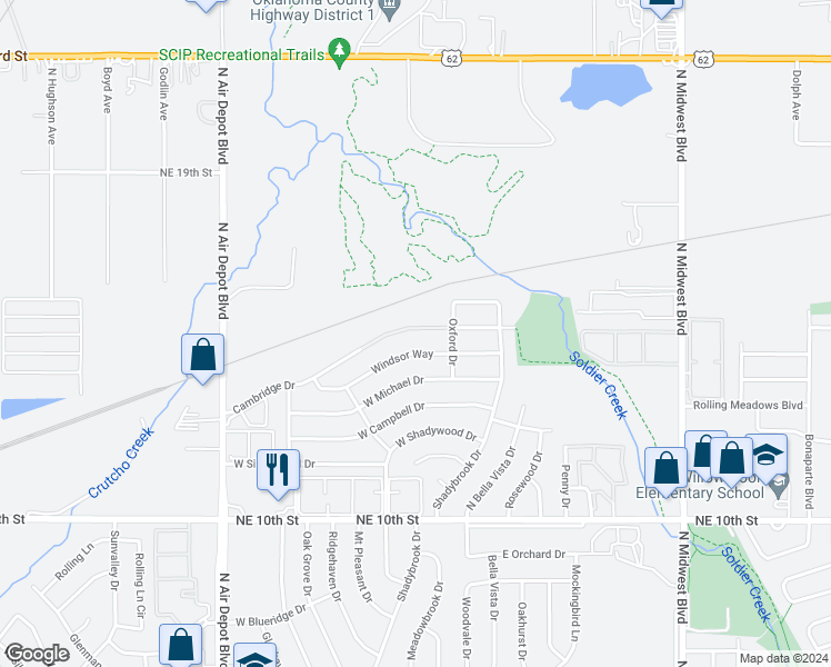 map of restaurants, bars, coffee shops, grocery stores, and more near 216 Cambridge Drive in Midwest City