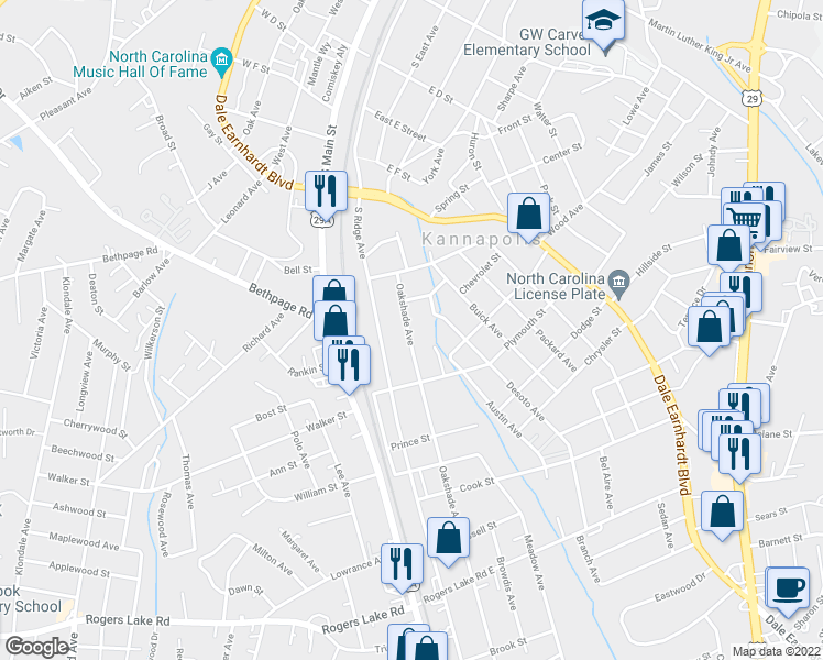 map of restaurants, bars, coffee shops, grocery stores, and more near 901 Oakshade Avenue in Kannapolis