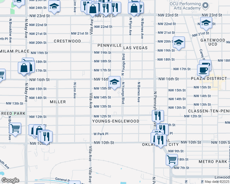 map of restaurants, bars, coffee shops, grocery stores, and more near 2300 Northwest 15th Street in Oklahoma City