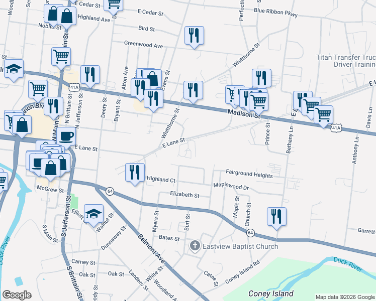 map of restaurants, bars, coffee shops, grocery stores, and more near 602 East Lane Street in Shelbyville