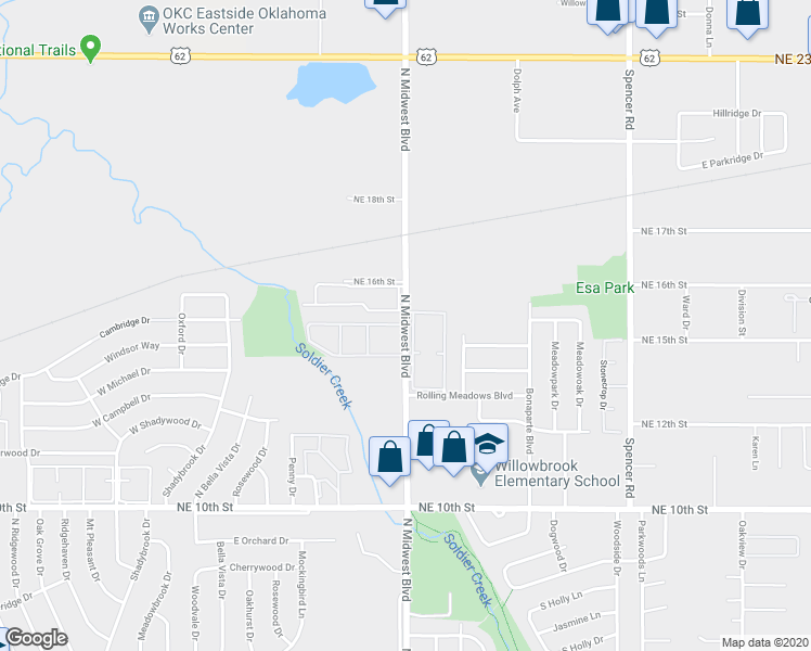 map of restaurants, bars, coffee shops, grocery stores, and more near 1424 North Midwest Boulevard in Midwest City