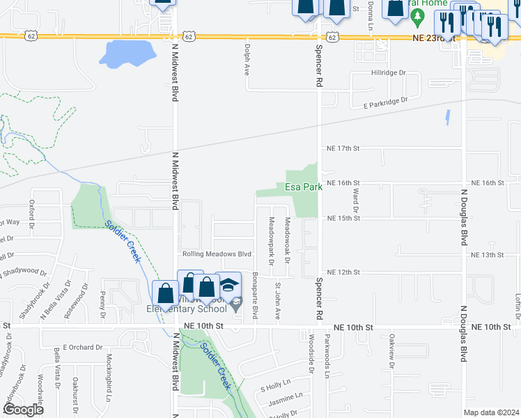 map of restaurants, bars, coffee shops, grocery stores, and more near 4612 Bonaparte Boulevard in Midwest City