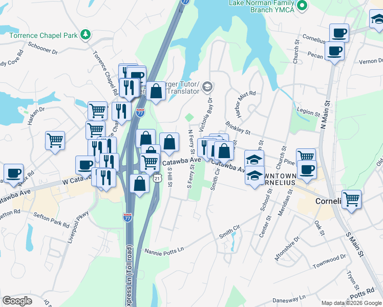 map of restaurants, bars, coffee shops, grocery stores, and more near in Cornelius