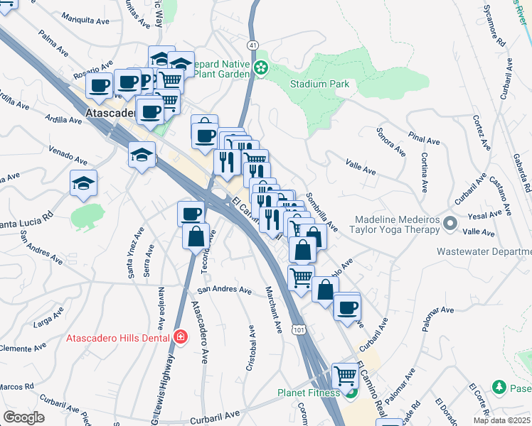 map of restaurants, bars, coffee shops, grocery stores, and more near 7305 El Camino Real in Atascadero