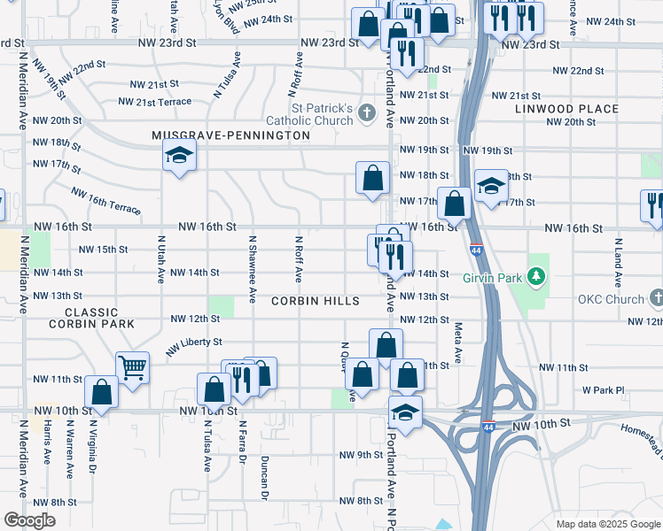 map of restaurants, bars, coffee shops, grocery stores, and more near 3744 Northwest 14th Street in Oklahoma City