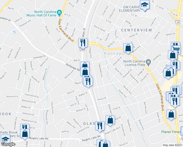 map of restaurants, bars, coffee shops, grocery stores, and more near 827 South Main Street in Kannapolis