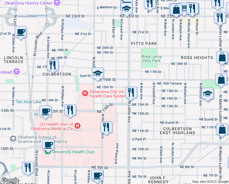 map of restaurants, bars, coffee shops, grocery stores, and more near 1213 Northeast 14th Street in Oklahoma City