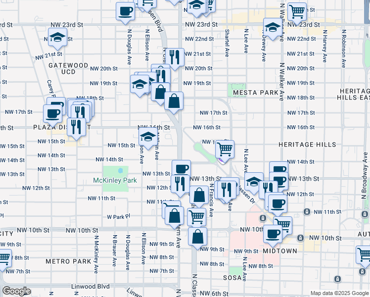 map of restaurants, bars, coffee shops, grocery stores, and more near in Oklahoma City