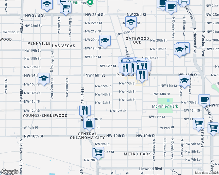 map of restaurants, bars, coffee shops, grocery stores, and more near 1505 North Kentucky Avenue in Oklahoma City