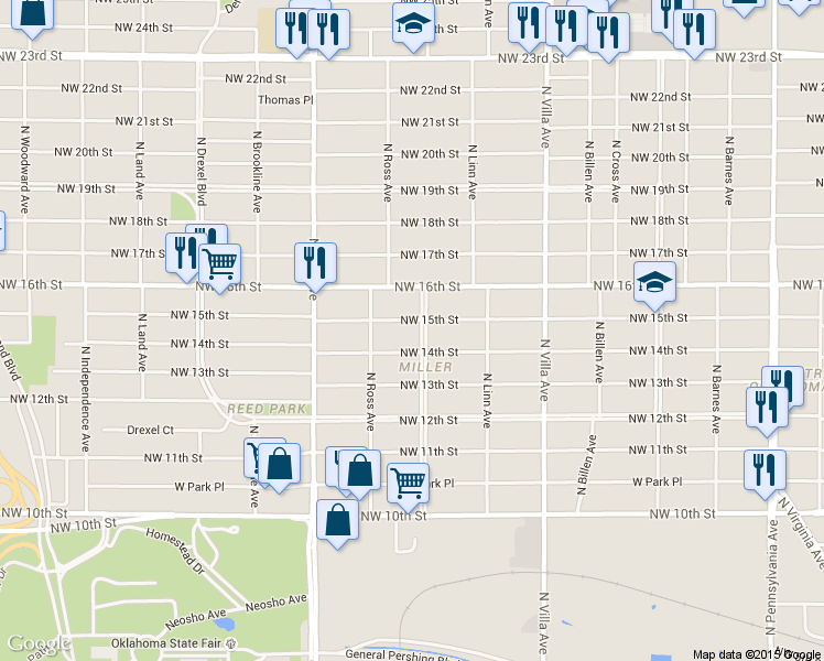 map of restaurants, bars, coffee shops, grocery stores, and more near 1505a North Miller Boulevard in Oklahoma City