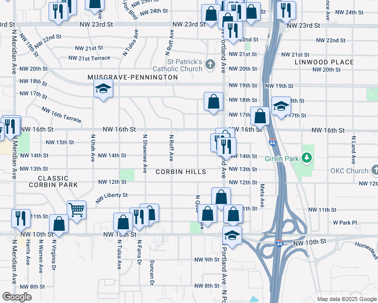 map of restaurants, bars, coffee shops, grocery stores, and more near 3830 Northwest 14th Street in Oklahoma City