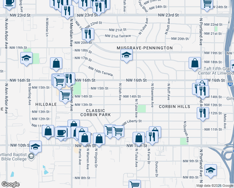 map of restaurants, bars, coffee shops, grocery stores, and more near 4200 Northwest 14th Street in Oklahoma City