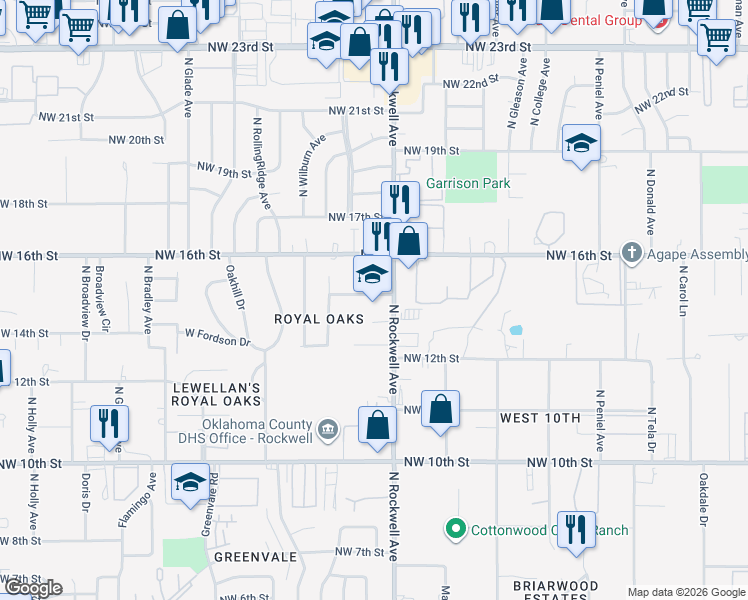 map of restaurants, bars, coffee shops, grocery stores, and more near 1425 1/2 North Rockwell Avenue in Oklahoma City